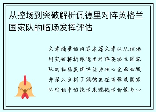 从控场到突破解析佩德里对阵英格兰国家队的临场发挥评估